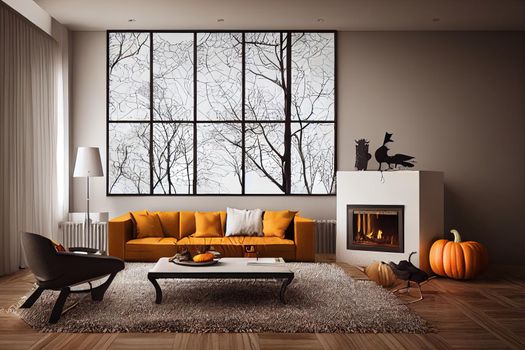 Halloween interior design living room with fireplace in white tones Panoramic windows on autumnal landscape Party decorations modern scandinavian style 3d illustration. High quality illustration
