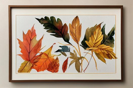 Autumn leaf and foliage corner border. Watercolor hand painted fall leaves illustrtaion. Botanical frame on white background.. High quality illustration