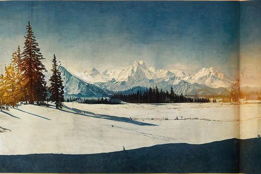 Beautiful winter panorama with fresh powder snow. Landscape with spruce trees, blue sky with sun light and high Alpine mountains on background. High quality illustration