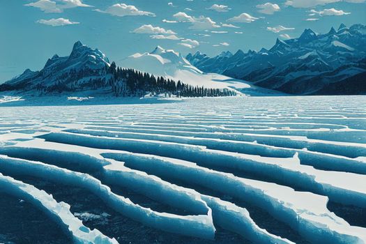 Cracks on the surface of the blue ice. Frozen lake in winter mountains. It is snowing. The hills of pines. Carpathian Ukraine Europe.. High quality illustration