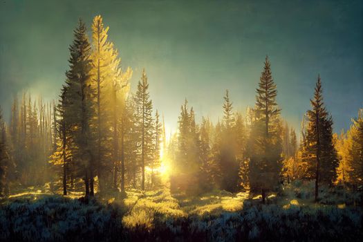 Sunlit Spruce Tree Forest. High quality illustration