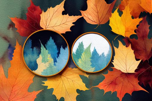 Watercolor autumn leaves and branches with a round frame isolated on white background. Autumn illustration for invitations, or greeting cards with space for your text.. High quality illustration