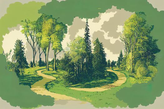 Summer forest with path, green grass, bushes and leaves on trees. Nature scene of garden or natural park in daylight. cartoon illustration of beautiful woods landscape with trail. High quality illustration
