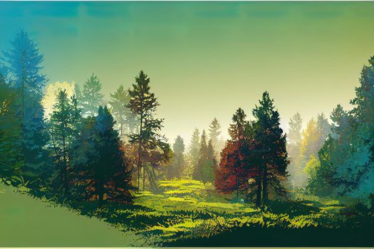 a glade in the woods, among trees and firs. background.. High quality illustration