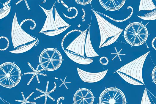 Nautical seamless pattern. . Marine, sea backgrounds with sailboat, anchor, wheel, and waves. Set summer texture. Geometric blue print for baby shower, scrapbooking. Color illustration. High quality illustration