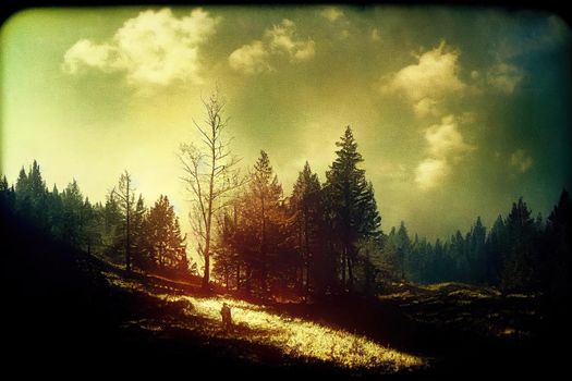 Endless forests in sunny day with perspective in color vintage retro style effect. High quality illustration