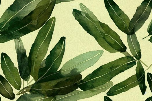 Natural eucalyptus leaves. Vintage foliage seamless pattern. Watercolor green olive branches. Clorful texture. Hand drawn floral background. Elegant watercolor seamless pattern with bamboo leaves.. High quality illustration