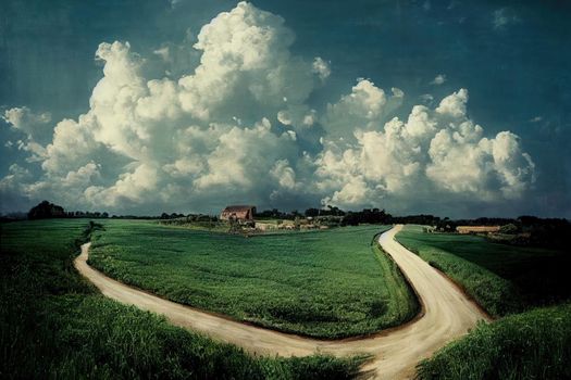 Rural road through fields with green herbs and blue sky with clouds. High quality illustration