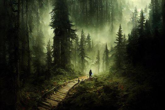 landscape with path in dark green fir forest. High quality illustration