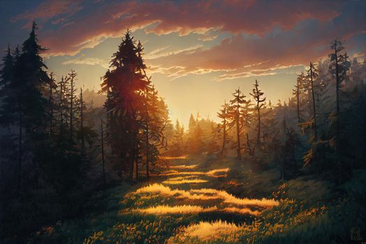 sunset light in fantasy woods scenery. High quality illustration