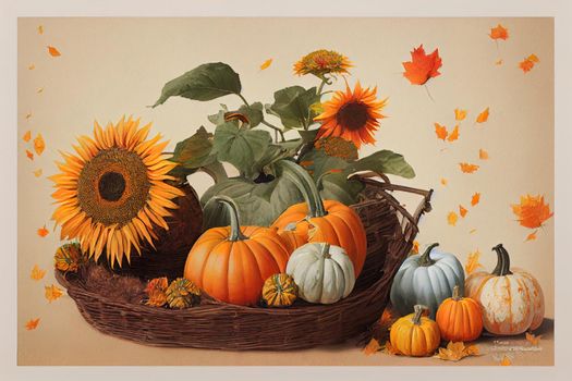 Watercolor sunflowers and pumpkin arrangement. Autumn harvest composition isolated on white background.. High quality illustration