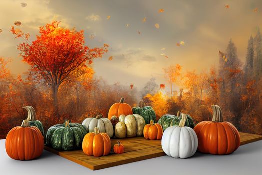 Abstract autumn landscape scene with Product stand and pumpkins. 3d rendering background.. High quality illustration