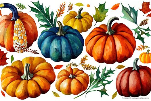Watercolor festive autumn decor of colorful pumpkins, corn, chestnuts and leaves. Concept of Thanksgiving day or Halloween. Botanical illustration isolated on white background.. High quality illustration