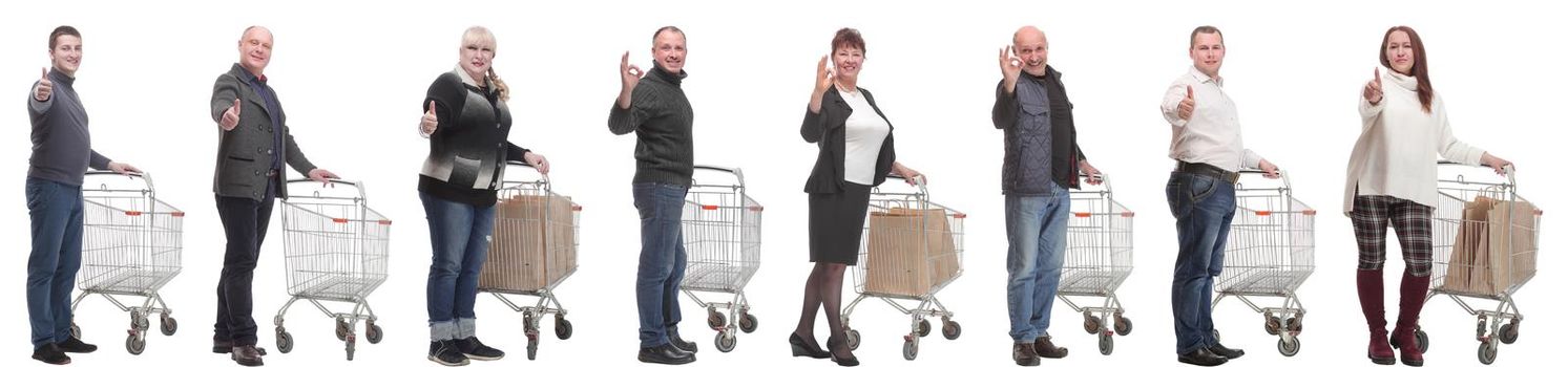 group of people with cart showing thumbs up isolated on white background