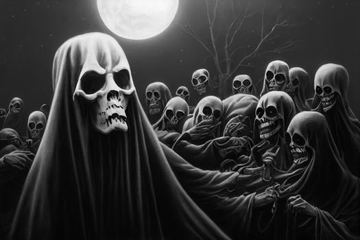 Grim reaper collecting souls at night. Halloween festival concept. Black and white digital art, 3D illustration