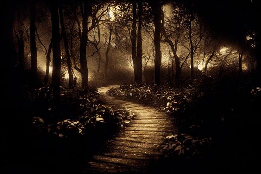 A dark and moody forest at night with a pathway leading through it. Photo composite.. High quality illustration