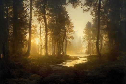 Beautiful Natural Forest Dawn Background. High quality illustration