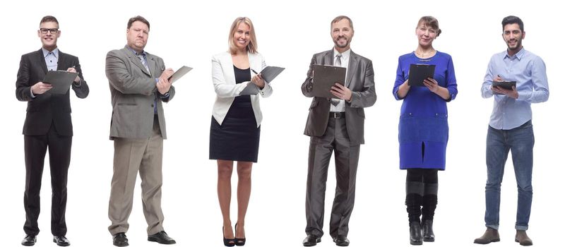 group of successful people with notepad in hands isolated on white background