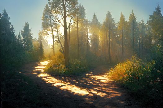 Forest path in the morning sun beam. High quality illustration