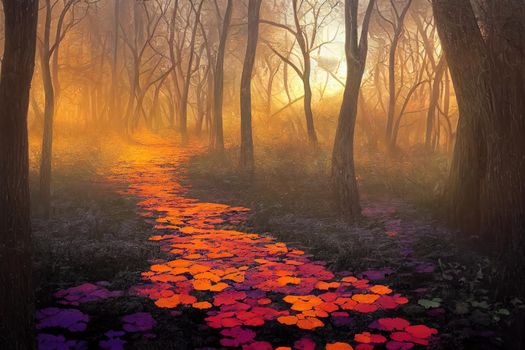 path through the woods, magical fantasy forest at sunrise, 3d landscape illustration banner. High quality illustration