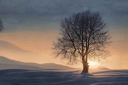 A tree on the background of a winter dawn. Winter dawn landscape. Beautiful sunrise in winter. Winter sunrise view. High quality illustration