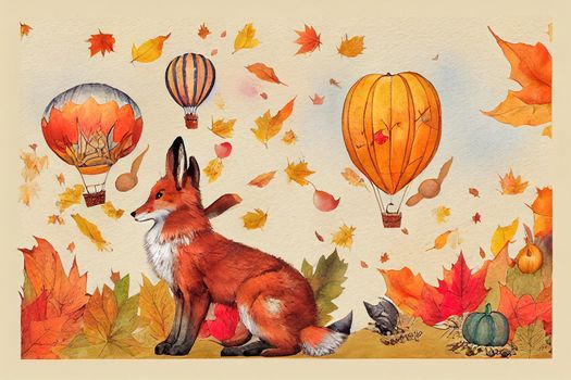 Watercolor card with fox and rabbit, hare, bunny flying in a hot air balloon, funny animals, friends, autumn vibes, fall leaves, watercolor texture, harvest, happy fall you all lettering. High quality illustration