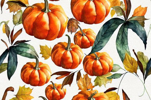 Watercolor seamless pattern with colorful pumpkins and leaves. Autumn background for thanksgiving day isolated on a white background.. High quality illustration