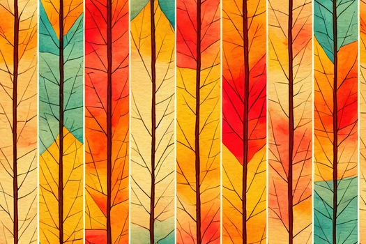 Watercolor autumn mood seamless pattern. Fall trees with colorful orange and yellow foliage, red pick up truck with pumpkins, cozy blanket, wood basket with apples, on white background.. High quality illustration