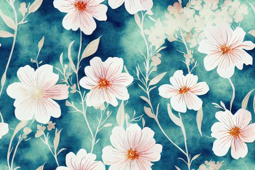 Watercolor floral seamless pattern. Cute botanical print, blooming summer meadow illustration with butterflies on white background. Pastel color palette. Great for nursery design, textile. High quality illustration