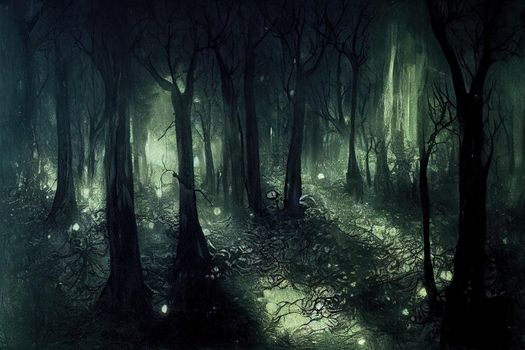 dark forest at night, scary woods. High quality illustration
