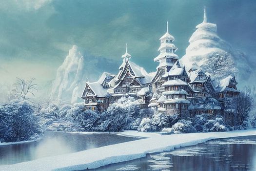 Winter castle by the snowy river. Castle on winter river in snow. Frozen river in snow at winter castle. Winter castle river landscape. High quality illustration