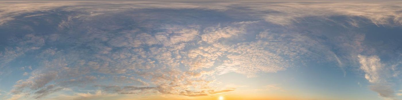 Dark blue sunset sky panorama with pink Cumulus clouds. Seamless hdr 360 pano in spherical equirectangular format. Full zenith for 3D visualization, game, sky replacement for aerial drone panoramas