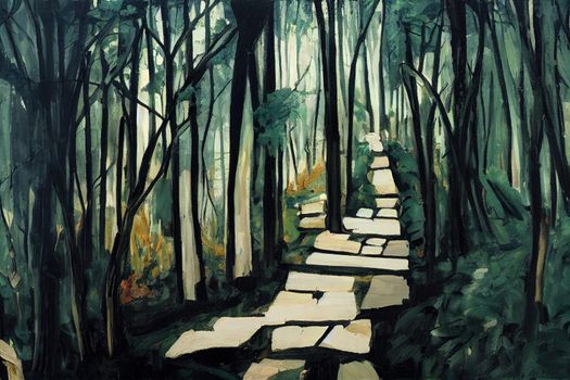 Forest trail in deep woods. Trail in deep forest. Forest trail view. High quality illustration