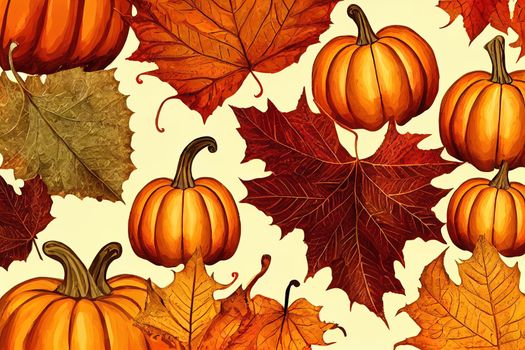 autumn illustration. several cute autumn pumpkins with curly roots on a brown background. leaves are flying around, in the middle is the inscription autumn. High quality illustration