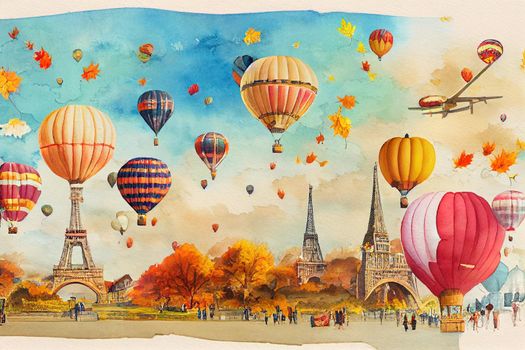 Travel autumn season festival Famous landmarks in the world of Europe, Asia and America. Watercolor landscape painting illustration with airplane, hot air balloon, tourist or advertising background.. High quality illustration