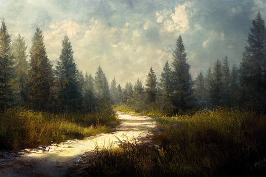 Pine forest trail landscape. Trail in pine grove. High quality illustration