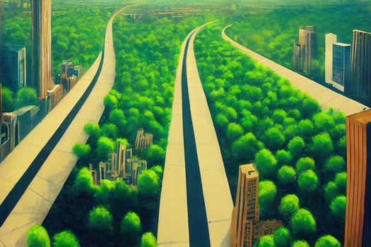 Green city of the future. City of the future. Harmony of city and nature. Sunny day in the big city. Deserted quarter, streets without people. High quality illustration