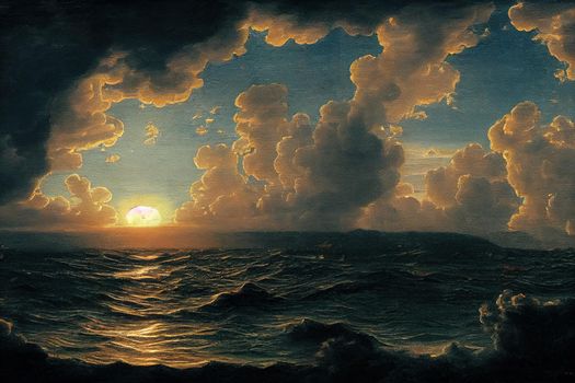 blue sky with clouds and sea, sunset. High quality illustration