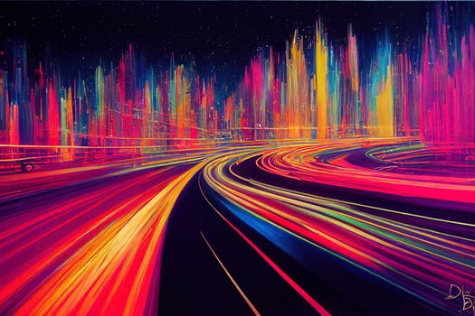Bright motion timelapse of a speedy night drive in a big city, side view from the car window to the road and glittering streets and buildings all turning into colorful light trails.. High quality illustration