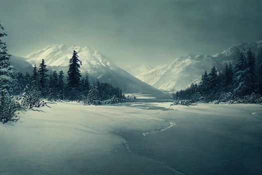 Winter forest in the Carpathians on Lake Vito. High quality illustration