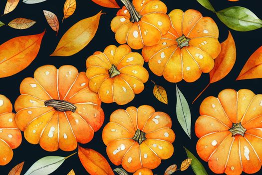 Watercolor seamless pattern with autumn foliage, pumpkins and autumn leaves. Fall pattern. Retro autumn print for textile and fabric. Pumpkins pattern for home and kitchen. Watercolor autumn motif. High quality illustration