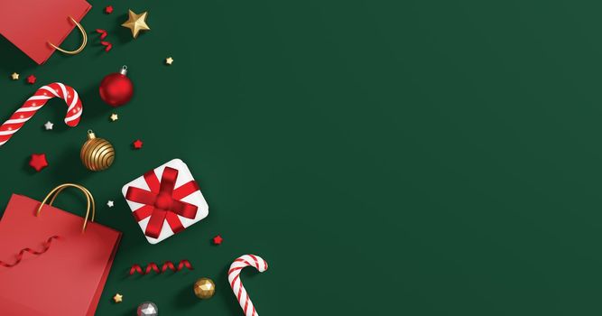 Christmas banner design of gift box xmas ball candy cane shopping bag and star on green background with copy space 3D render