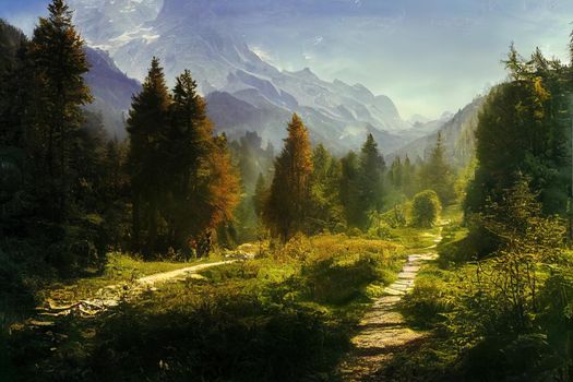 Magical scenic and pathway through woods in the morning sun. Dramatic scene and picturesque picture. Wonderful natural background. Location place Germany Alps, Europe. Explore the world's beauty.. High quality illustration