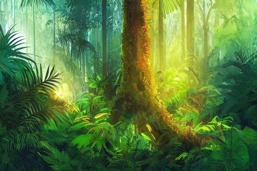 Jungle forest background. Woods tropical tree. Amazon rainforest . Spring, summer glade, outdoor park. Jungle forest landscape. Mysterious adventure. Bright ui design. Green ground, nature. .. High quality illustration
