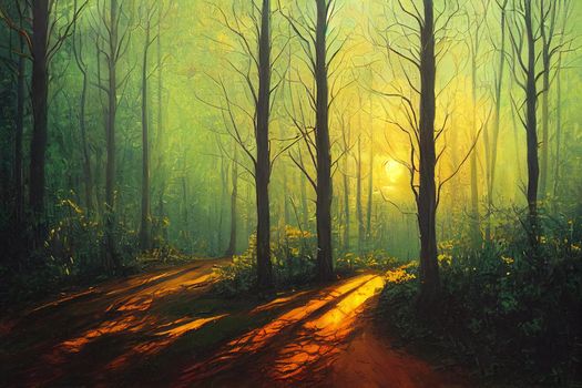 Sunrise beautiful forest landscape, sunbeams Magic Fantasy Mystic dark Woodland walk Green Grass Trees summer autumn, Road Way trail path through spruce sunset fog, oil painting cavas, printable art. High quality illustration