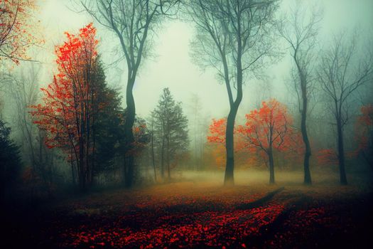 Forest in fog. Fall woods. Enchanted autumn forest in fog in the morning. Old Tree. Landscape with trees, colorful green and red foliage and blue fog. Nature background. Dark foggy forest. High quality illustration