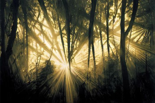 Sun rays falling deep into a thick jungle. High quality illustration