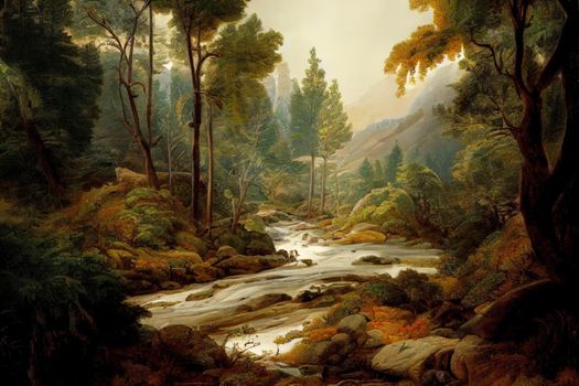 wilderness landscape forest with pine trees and moss on rocks. High quality illustration