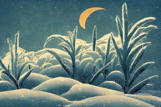 Winter atmospheric landscape with frost covered dry plants during snowfall. Winter Christmas background. High quality illustration