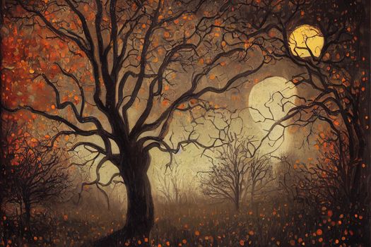 Halloween design Spooky tree. Horror background with autumn valley with woods, spooky tree and full moon. Space for your Halloween holiday text.. High quality illustration